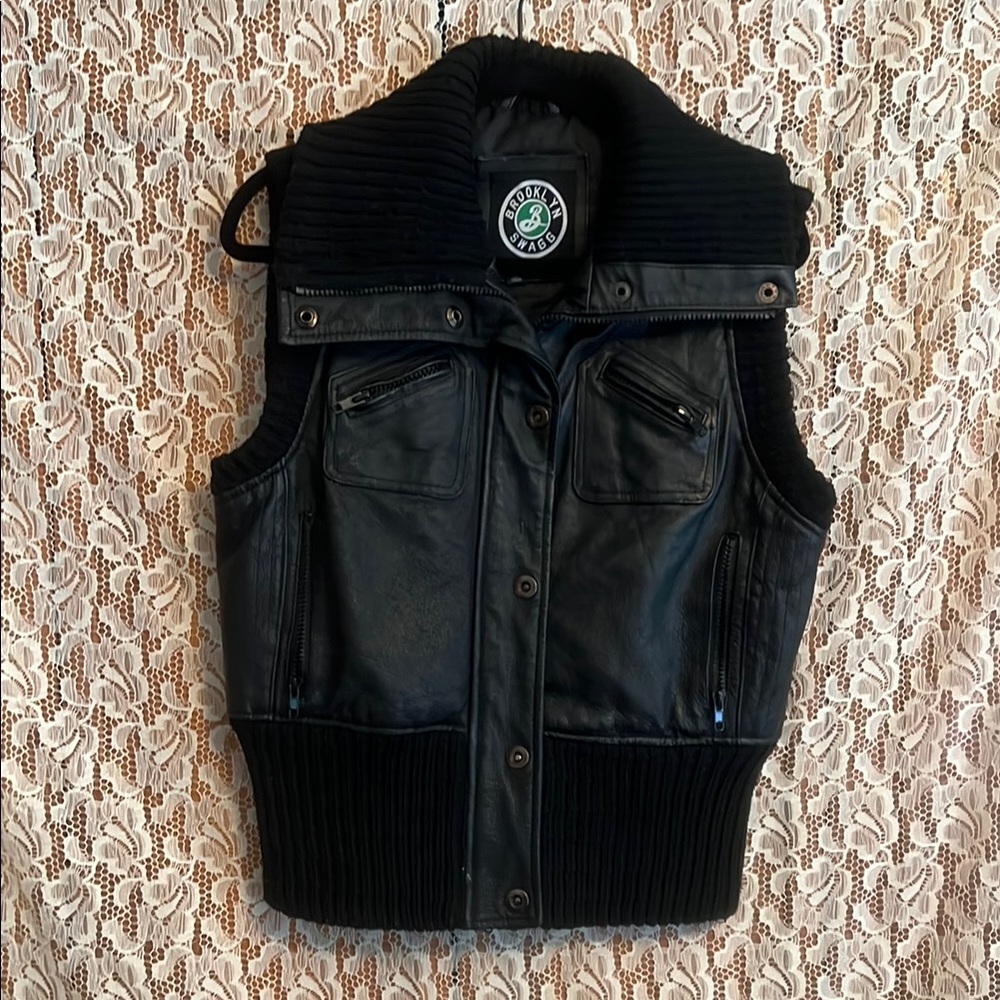 Black Leather Vest with Ribbed Knit Collar